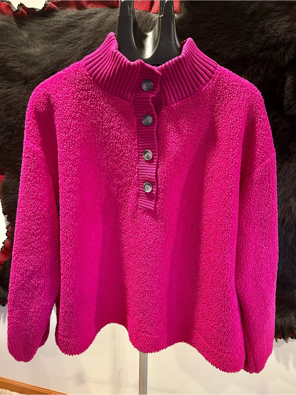 Loft Women's Teddy Bear Fleece Button-Front Pullover- Dark Bright Pink Sz L